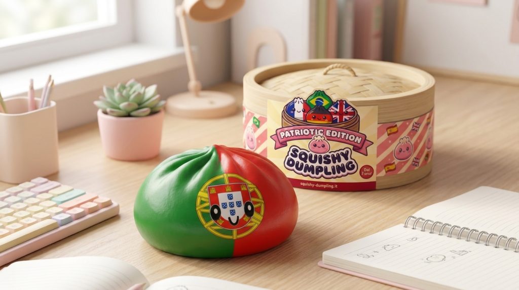 Squishy Dumpling Portugal Bandiera Kawaii in un'atmosfera da scrivania