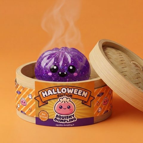 Squishy Dumpling Vampire Halloween Glitter Viola nel suo cestino di bambù per vapore