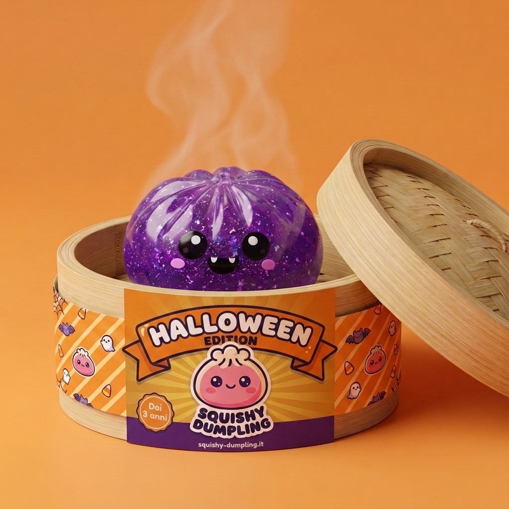 Squishy Dumpling Vampire Halloween Glitter Viola nel suo cestino di bambù per vapore