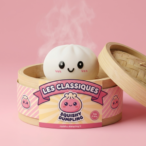 Dumpling Squishy Bianco Neve nel suo cestino di bambù per vapore