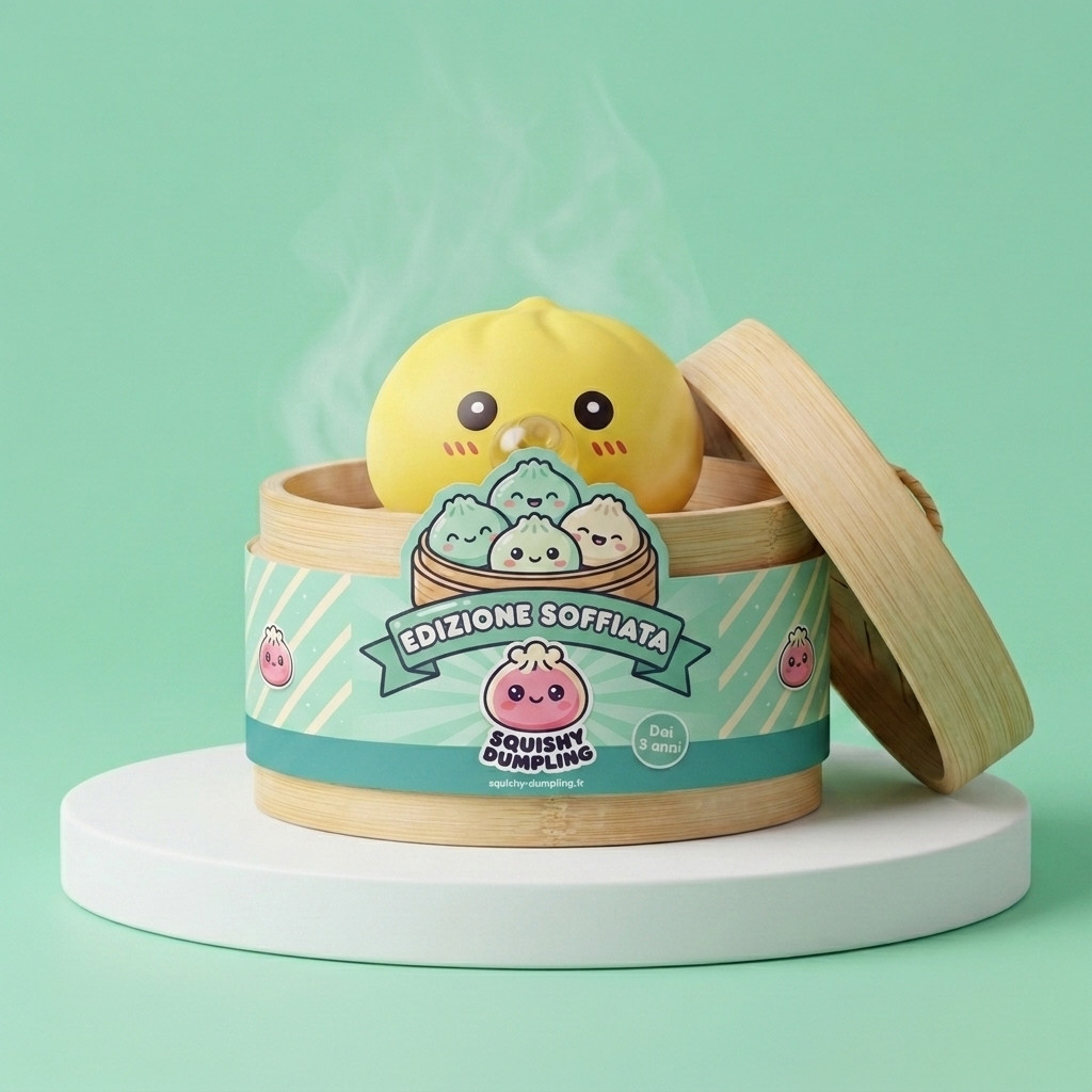 Jumbo Dumpling Squishy Giallo Gigante nel suo cestino di bambù per vapore