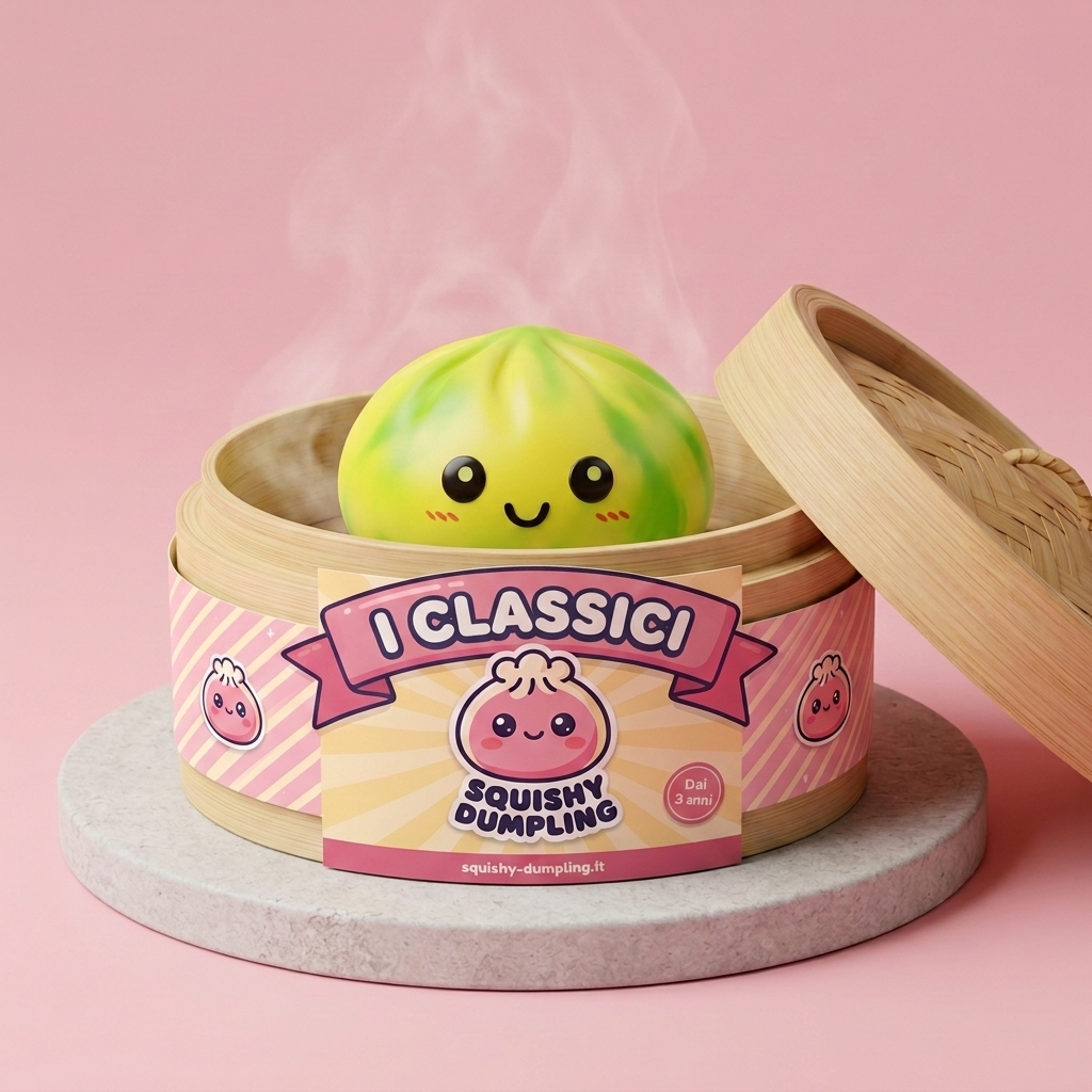 Squishy Dumpling Tie Dye Giallo Limone nel suo cestino di bambù per vapore