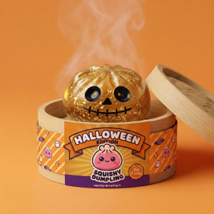 Dumpling Squishy Zombie Halloween Glitter Dorato nel suo cestino di bambù per vapore