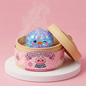Squishy Dumpling Pinguino Blu Galaxy nel suo cestino di bambù per vapore