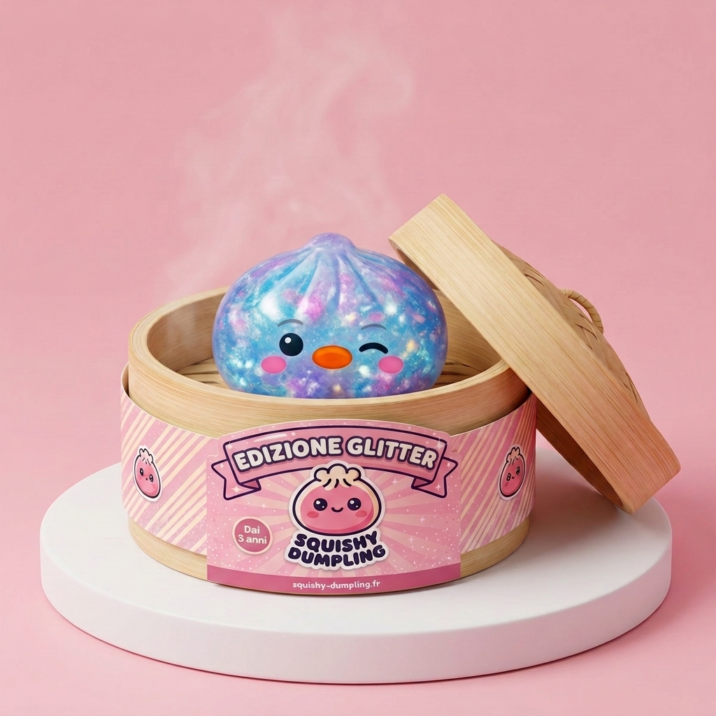 Squishy Dumpling Pinguino Blu Galaxy nel suo cestino di bambù per vapore