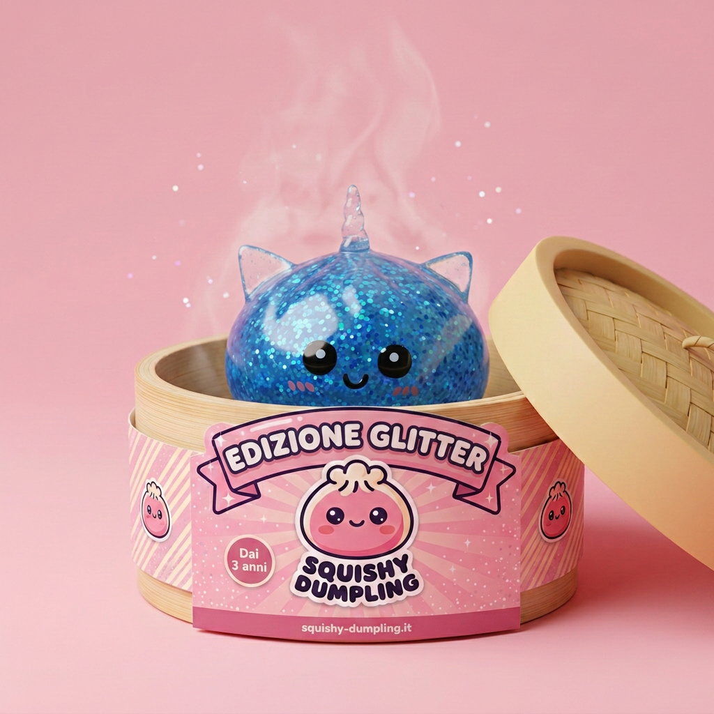 Dumpling Squishy Unicorno Glitter Blu nel suo cestino di bambù per vapore