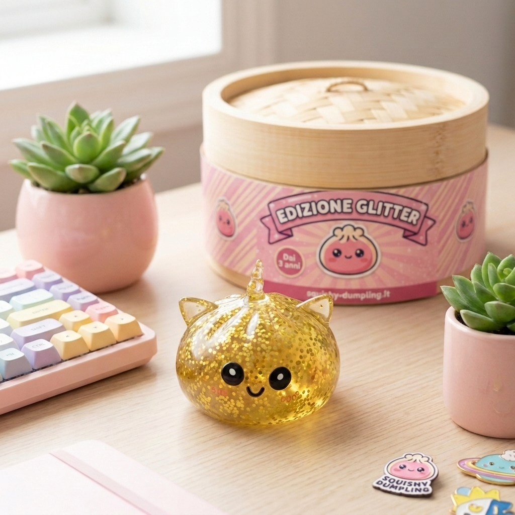 Dumpling Squishy Glitter Unicorno Dorato — squishy antistress slow-rise kawaii