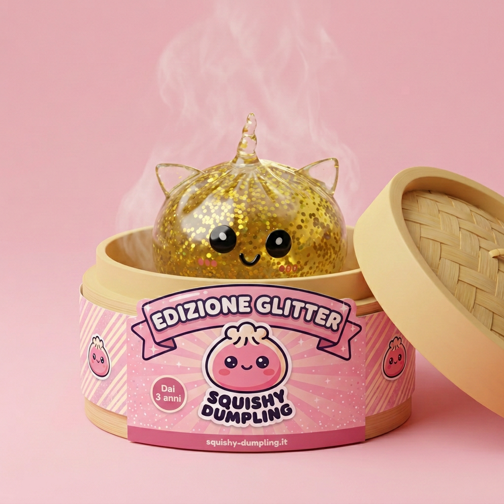 Dumpling Squishy Glitter Unicorno Dorato nel suo cestino di bambù per vapore