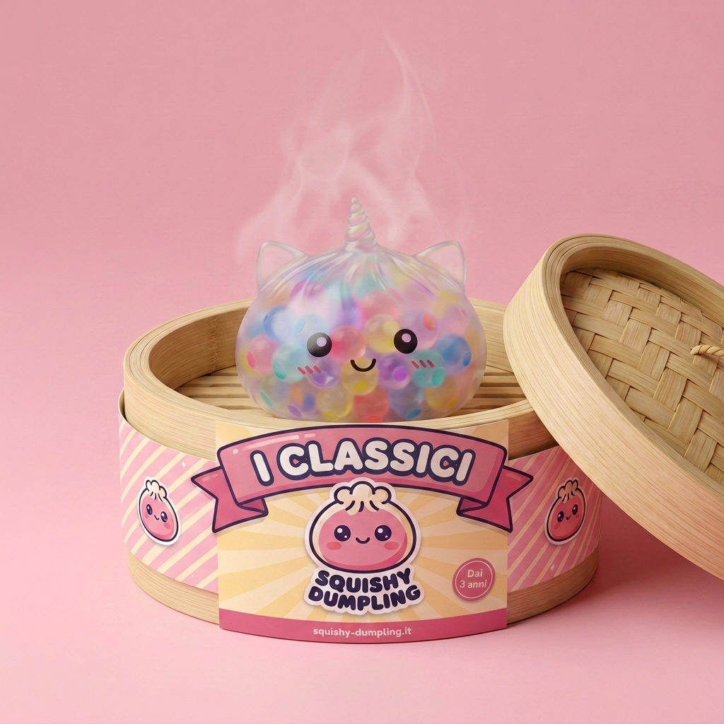 Squishy Dumpling Unicorno Bubble Pastel nel suo cestino di bambù per vapore