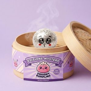 Squishy Dumpling Mystery Puppy Eyed Glitterato nel suo cestino di bambù per vapore