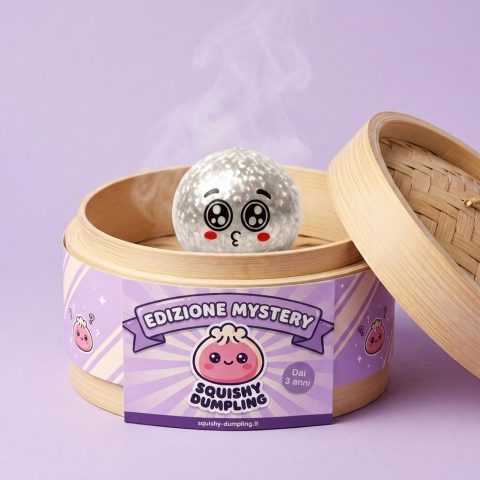 Squishy Dumpling Mystery Puppy Eyed Glitterato nel suo cestino di bambù per vapore