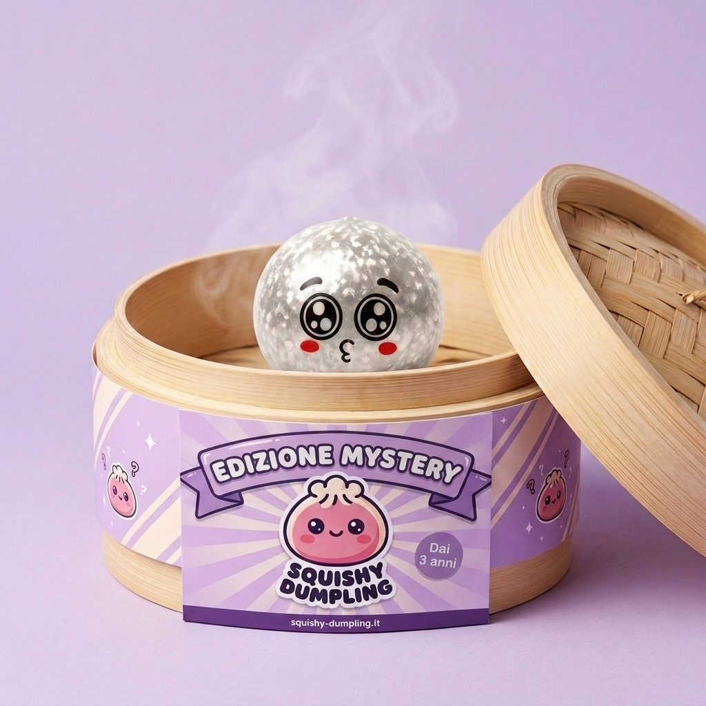 Squishy Dumpling Mystery Puppy Eyed Glitterato nel suo cestino di bambù per vapore