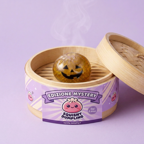 Squishy Dumpling Vampire Mystery Cremisi nel suo cestino di bambù per vapore