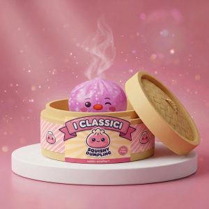 Penguin Dumpling Squishy Rosa Bubblegum nel suo cestino di bambù per vapore
