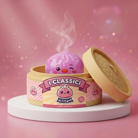 Penguin Dumpling Squishy Rosa Bubblegum nel suo cestino di bambù per vapore