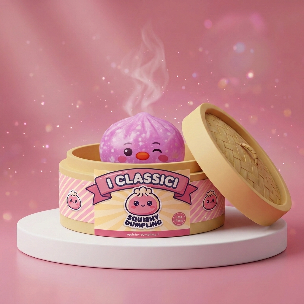 Penguin Dumpling Squishy Rosa Bubblegum nel suo cestino di bambù per vapore