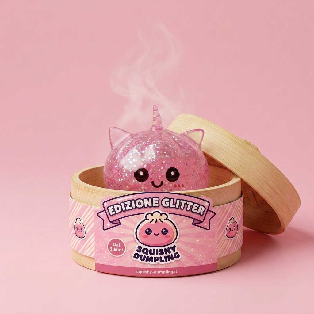 Unicorn Dumpling Squishy Glitter Rosa nel suo cestino di bambù per vapore