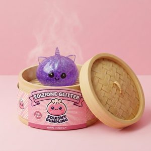 Dumpling Squishy Unicorno Glitter Viola nel suo cestino di bambù per vapore
