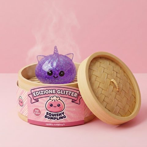Dumpling Squishy Unicorno Glitter Viola nel suo cestino di bambù per vapore