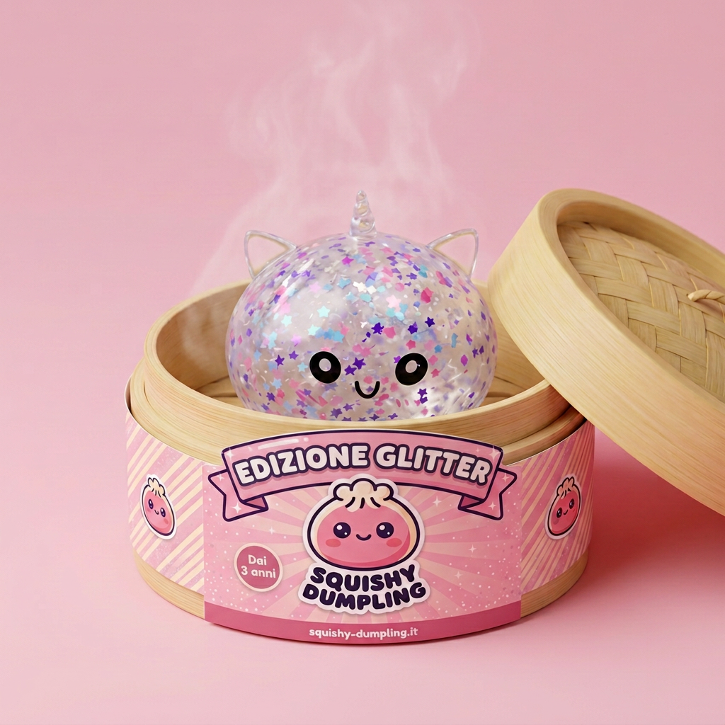 Dumpling Squishy Unicorno Bianco Sparkle nel suo cestino di bambù per vapore