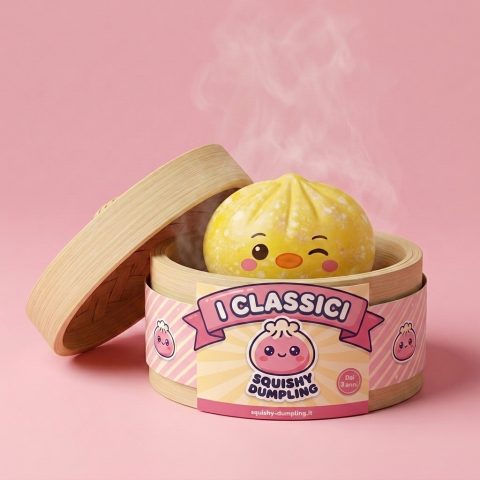 Squishy Dumpling Pinguino Giallo Burro nel suo cestino di bambù per vapore