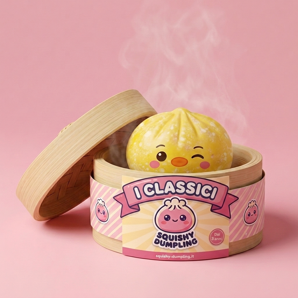 Squishy Dumpling Pinguino Giallo Burro nel suo cestino di bambù per vapore