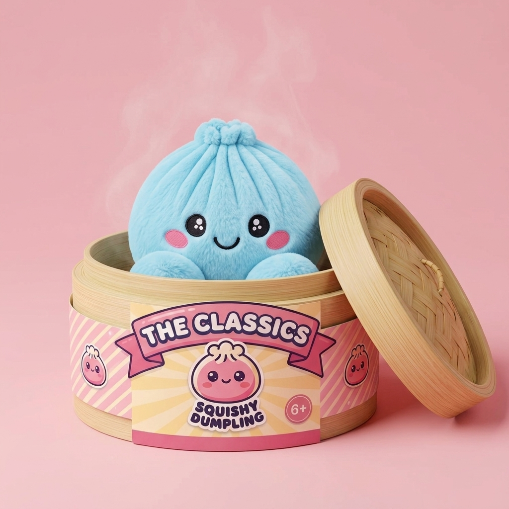 Squishy Dumpling Peluche Celeste nel suo cestino di bambù per vapore