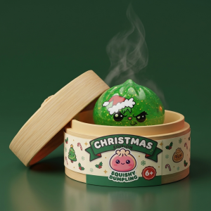Dumpling Squishy Natale Scontroso Glitter Verde nel suo cestino di bambù per vapore
