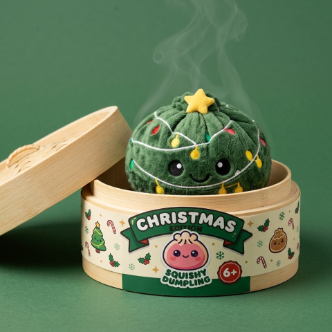 Christmas Tree Dumpling Squishy Scintillante nel suo cestino di bambù per vapore