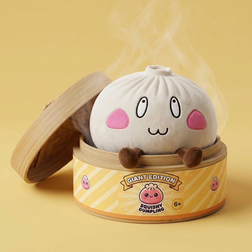 Giant Dumpling Squishy Faccia Felice nel suo cestino di bambù per vapore