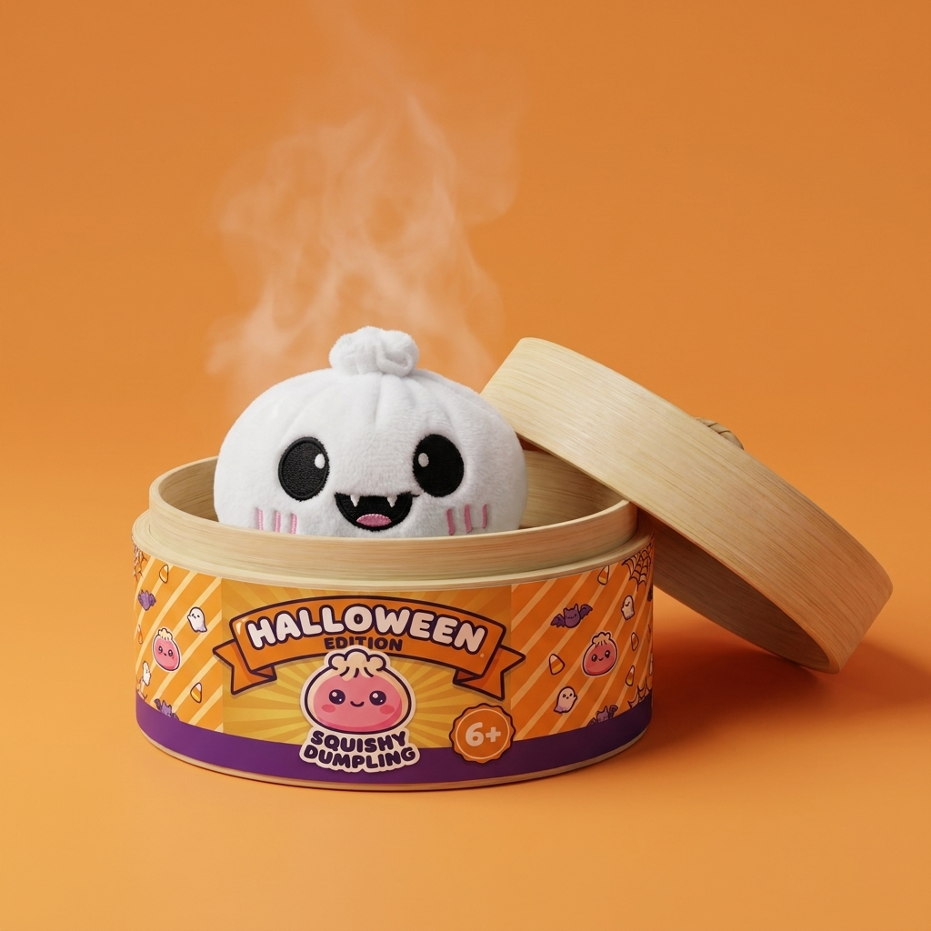 Squishy Dumpling Ghost Halloween Chiaro di Luna nel suo cestino di bambù per vapore
