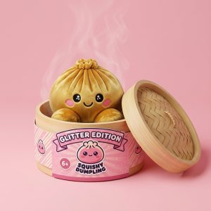 Squishy Dumpling Oro Reale nel suo cestino di bambù per vapore