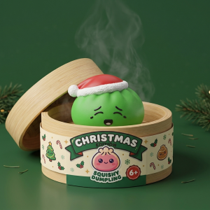 Squishy Dumpling Cappello di Natale Elfo Verde nel suo cestino di bambù per vapore