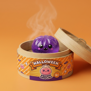 Squishy Dumpling Halloween XXL Set da 8 nel suo cestino di bambù per vapore