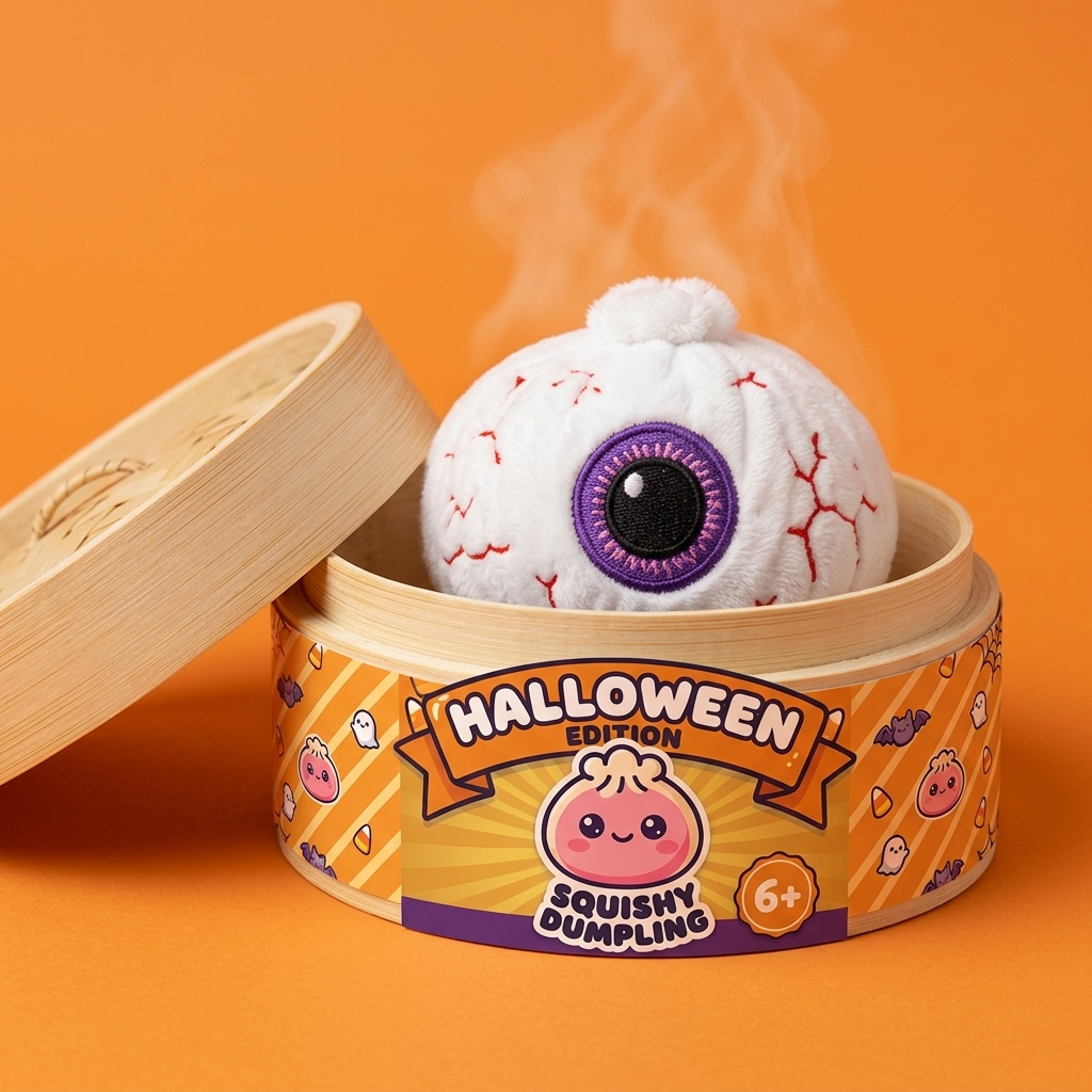 Squishy Dumpling Halloween Occhio Viola nel suo cestino di bambù per vapore