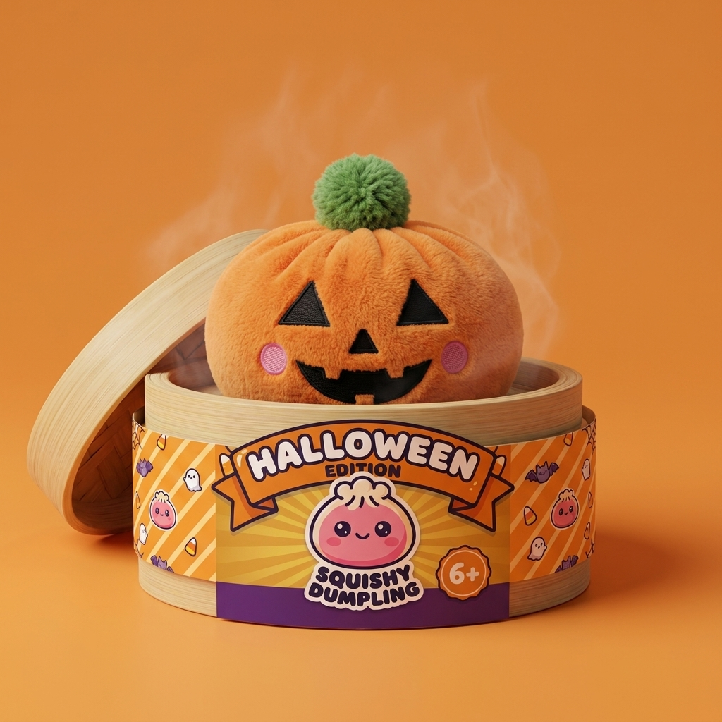 Squishy Dumpling Zucca Halloween nel suo cestino di bambù per vapore