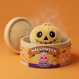 Dumpling Squishy Skeleton Halloween Sorridente nel suo cestino di bambù per vapore