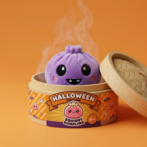 Squishy Dumpling Vampire Halloween Velluto nel suo cestino di bambù per vapore
