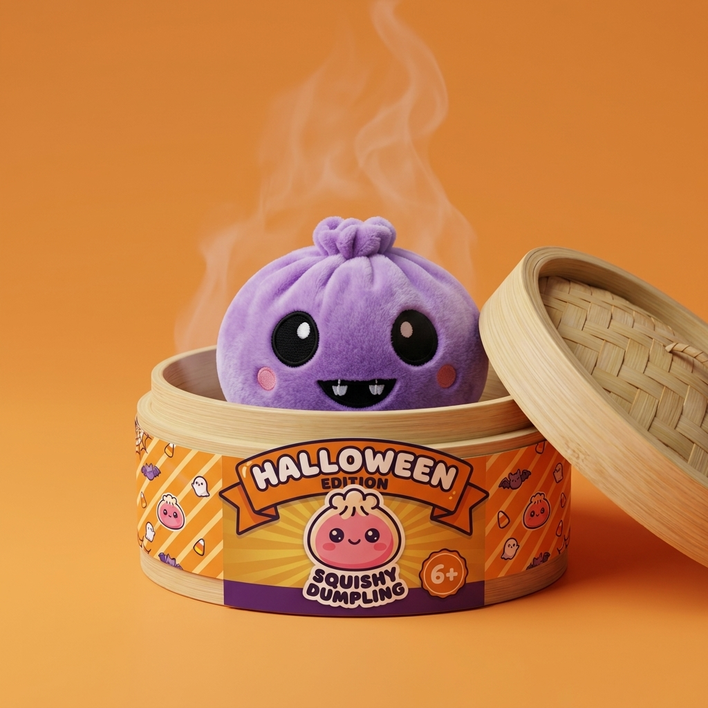 Squishy Dumpling Vampire Halloween Velluto nel suo cestino di bambù per vapore
