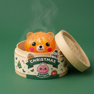 Dumpling Squishy Orso Mystery Glitter nel suo cestino di bambù per vapore