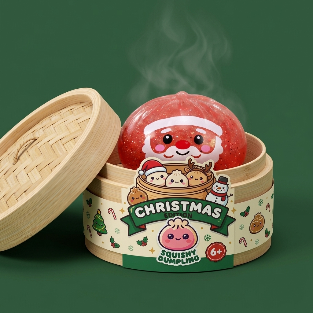 Dumpling Squishy Mystery Candy Natale nel suo cestino di bambù per vapore