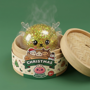 Squishy Dumpling Renne Mystery Glitter nel suo cestino di bambù per vapore