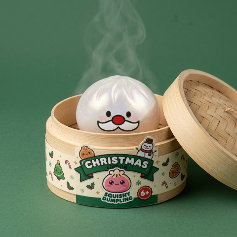 Squishy Dumpling Baffi Babbo Natale Mystery nel suo cestino di bambù per vapore