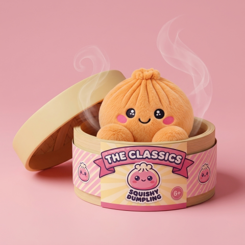 Squishy Dumpling Orange Mandarino Peluche nel suo cestino di bambù per vapore