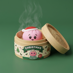 Dumpling Squishy Cappello di Natale Rosa Zucchero nel suo cestino di bambù per vapore