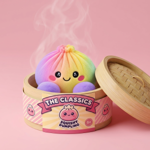 Rainbow Dumpling Squishy Pastello nel suo cestino di bambù per vapore