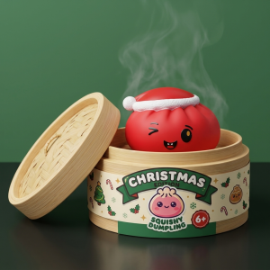 Dumpling Squishy Cappello di Natale Rosso nel suo cestino di bambù per vapore