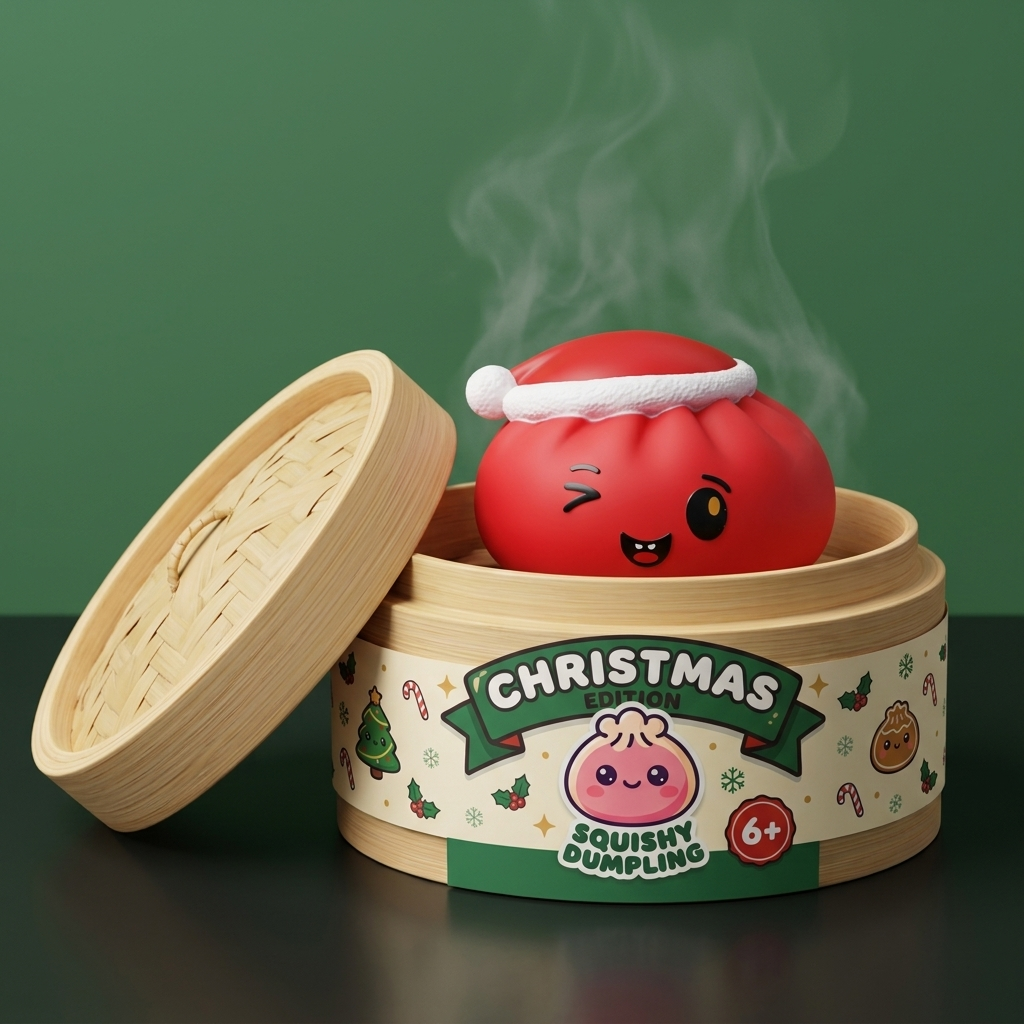 Dumpling Squishy Cappello di Natale Rosso nel suo cestino di bambù per vapore