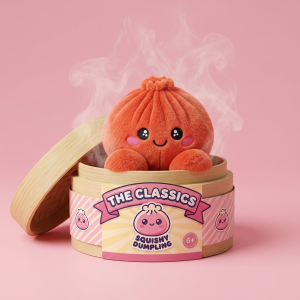 Dumpling Squishy Peluche Rosso Rubino nel suo cestino di bambù per vapore
