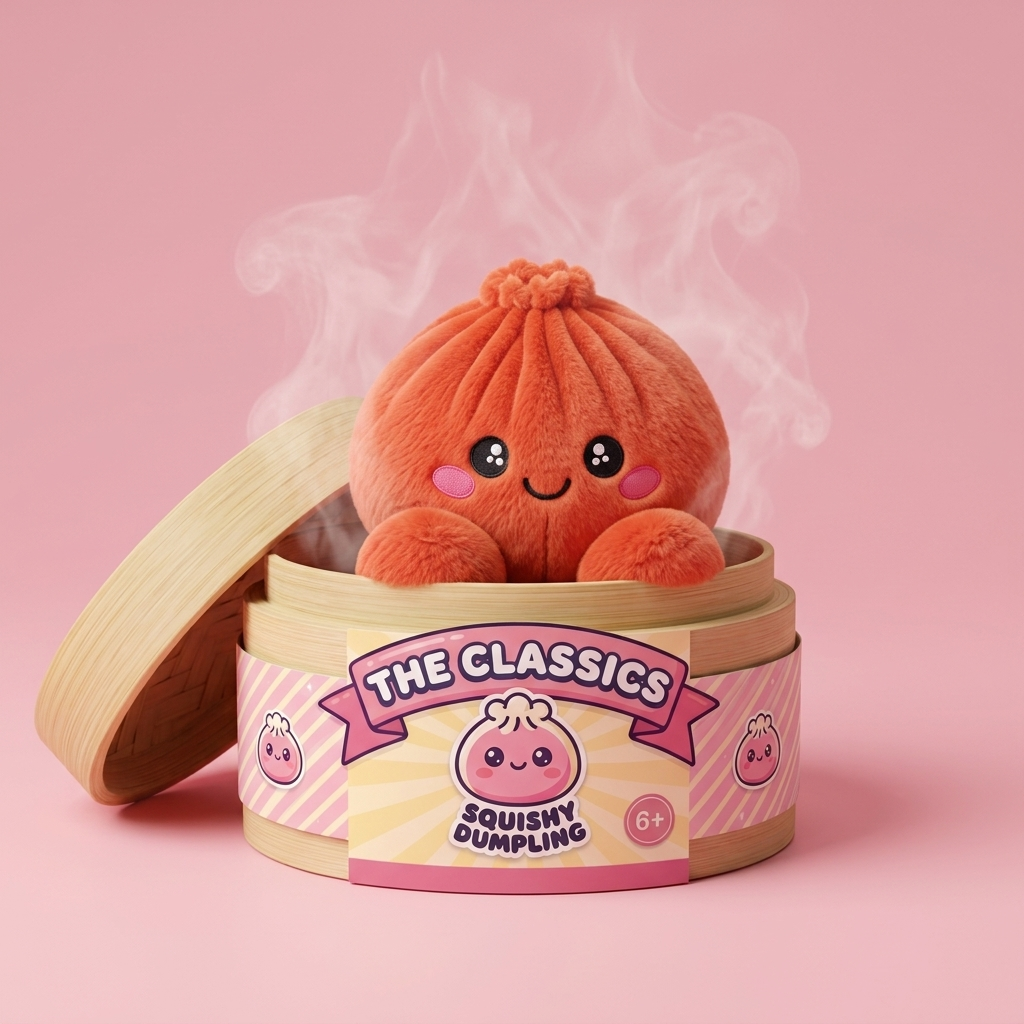 Dumpling Squishy Peluche Rosso Rubino nel suo cestino di bambù per vapore